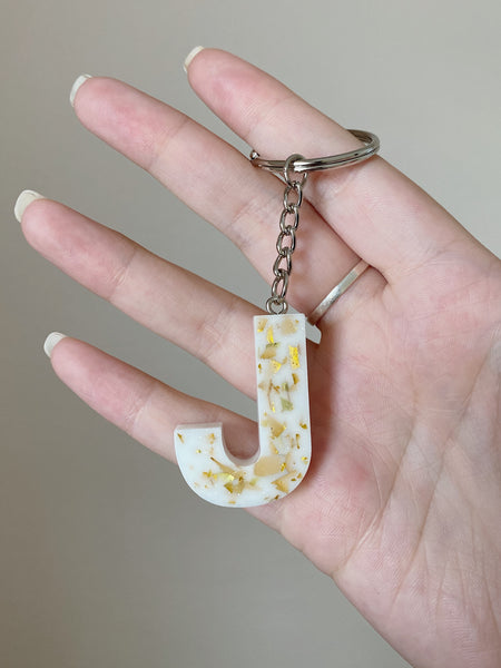 White Gold Flake Letter Keychains