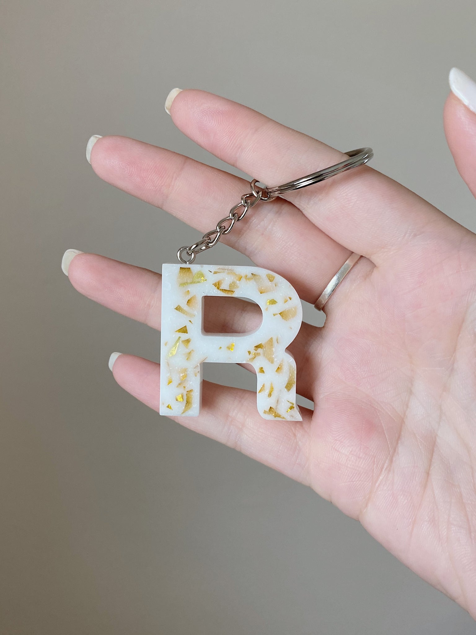 White Gold Flake Letter Keychains