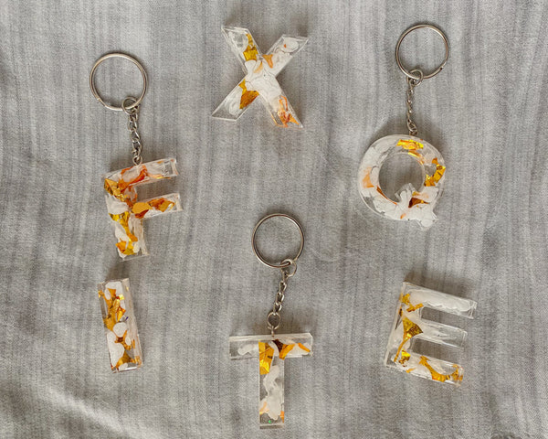 Gold, White & Clear Letter Keychains