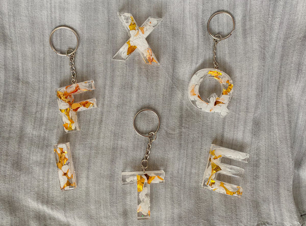 Gold, White & Clear Letter Keychains