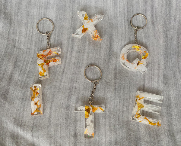 Gold, White & Clear Letter Keychains