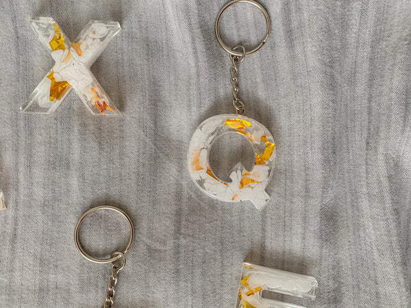 Gold, White & Clear Letter Keychains