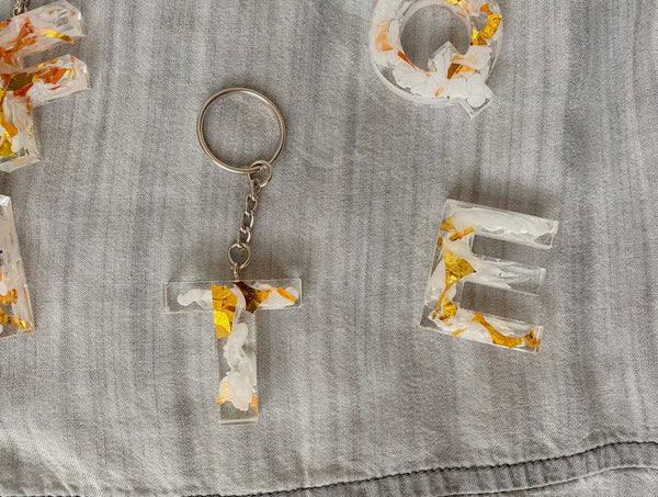 Gold, White & Clear Letter Keychains
